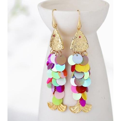 Fashion Korea style red colorful Shiny Sequined fish scales shape hoop drop earrings for girl bride wedding vintage Jewelry