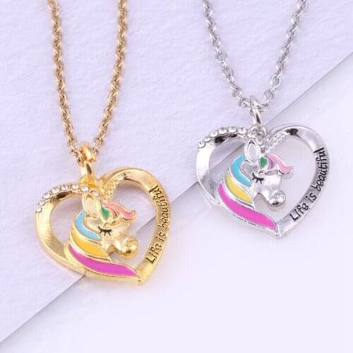Cartoon Unicorn Necklace Unicorn Heart Pendant Necklaces For Girls Kids Enamel Cute Horse Jewelry Accessories Lover Gift