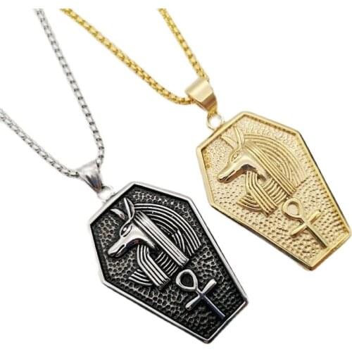 2019 New Arrival 316L stainless steel antique Silver color antient Egypitian Anubis cross shield pendant necklace men CAGF0158