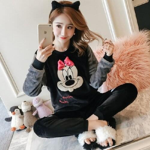 Disney autumn and winter pajamas womens flannel long-sleeved bow Mickey casual thick lady pajamas set