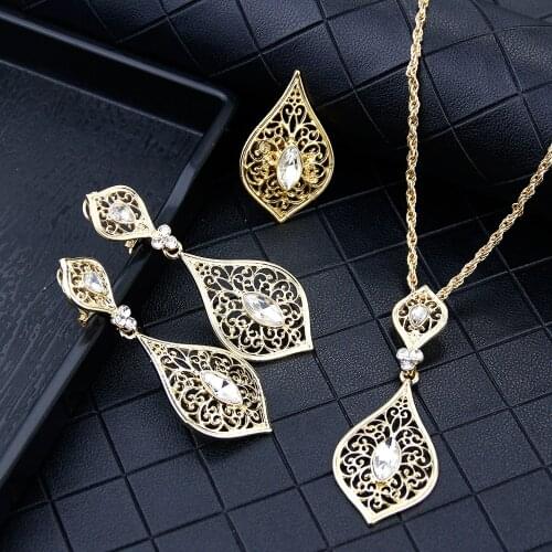Sunspicems 2021 Gold Color Morocco Jewelry Sets Flower Ring Drop Earring Pendant Necklace for Women Dubai Ethnic Wedding Bijoux