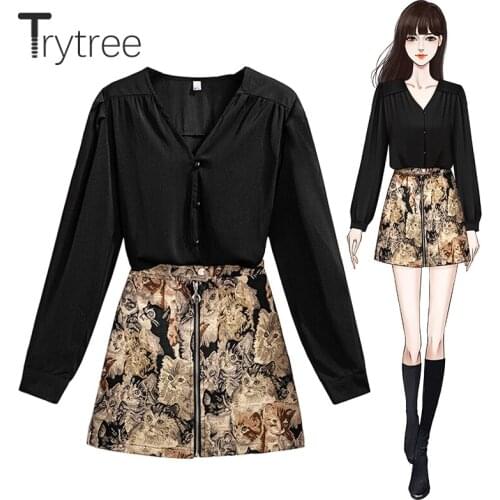 Trytree 2021 Spring Summer Two piece set Casual V-neck Single Breast Blouse + Zip Kitten Printed Skirt Office Lady 2 Piece Set