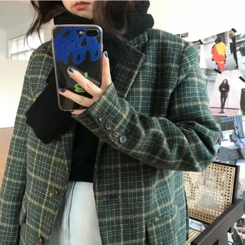 New Chic Vintage Green Autumn All-Match Plaid Casual Loose Feminine Fresh Stylish Office Ladies Blazers Wollen Coats