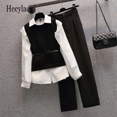 Plus Size 4XL Women Office Ladies Suit Knit Vest Shirt Top And Pant Three Piece Set 2021 Fall Winter Black White Clothing Outfit