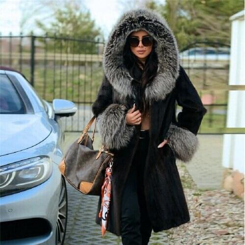 Women Fashion Real Mink Fur Coat with Silver Fox Fur Hood Thick Warm Winter Fur Overcoat Luxury High Quality Genuine Mink Coats