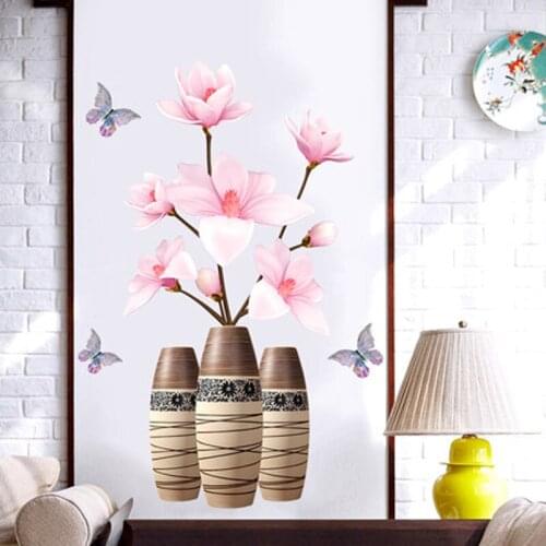 3D Chinese Pink Magnolia Flowers Vase Home Decor Wall Art Sticker Poster For Girls Bedroom Home Wallpaper Decoration Accessories
