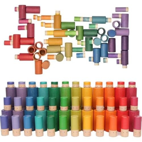 72pcs Large Size Rainbow Wooden Loose Parts Include Beakers Solid Tubes Peg Dolls Stacker Educational Montessori Toy Wood Craft