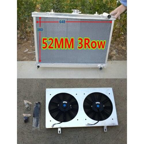 Aluminum Radiator + shroud + fans for 3row 52mm Nissan 180SX Skyline S13 CA18 R32 GTE/GTS/GTR RB20/RB26 89-94 90 91 92 93