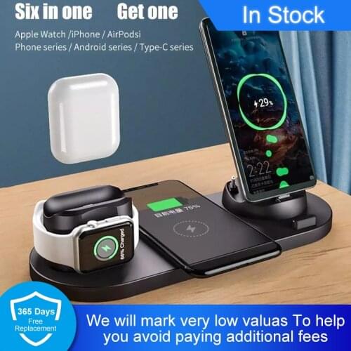 2021 6 in 1 Fast Wireless Charger Stand for iPhone/Android/Type-C USB Phones 10W Qi Fast Charging For Apple Watch AirPods Pro