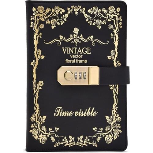 A5 Retro Notebook with Password Lock Planner Journal Size: 15x22cm 130 Sheets Line Page Pen and Card Holder PU Leather Cover