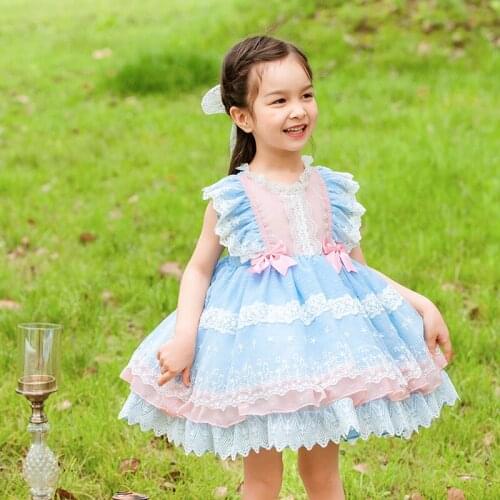 Baby Girl Summer Spanish Tulle Dresses Children Lolita Princess Dress Infant Eid Birthday Vintage Ball Gown Kids Bow Lace Robe
