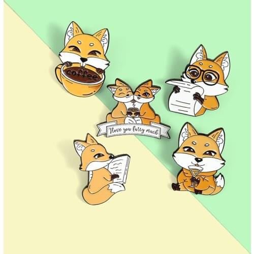Cartoon Animal Coffee Fox Enamel Pins Custom Drink Newspaper Brooches Bag Lapel Pin Badge Jewelry Gift for Friends Wholesale