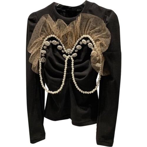 European Autumn New Retro Pearl Chain Mesh Shoulder Pads Temperament Long-sleeved T-shirts Women Fashion Streetwear 2021