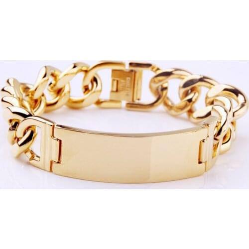 High Quantity 316L Stainless Steel Punk Smooth ID Bracelet Gold Color Chain Charm Bracelets For Men Fine Jewelry