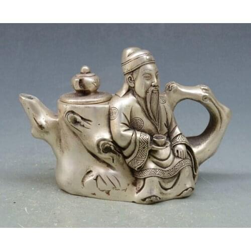 Elaborate Interesting Ancient Chinese White Copper Teapot , Carved with the God of Wealth Leaning On the Tree
