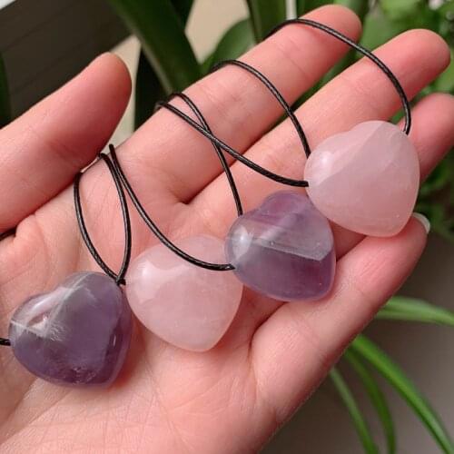 Natural Stone Necklaces Big Heart Pendulum Pendant Choker Amethysts Purple Quartz Pink Crystal Necklace for Women Lover Gifts