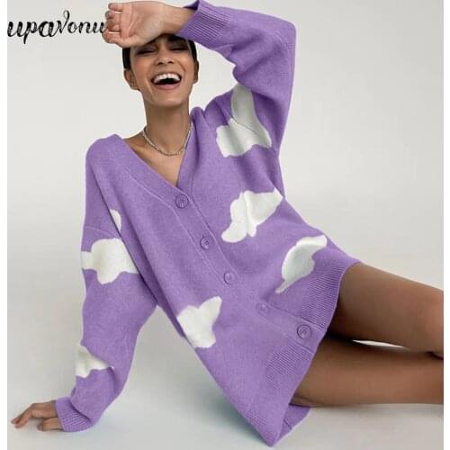 Free Shipping V-neck Lantern Sleeve Cardigan Womens Knitted Printed Oversized Sweater 2021 New Casual Single-breasted Sweater