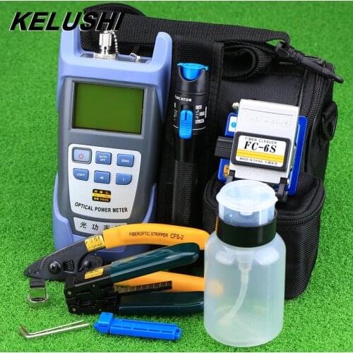 KELUSHI 9pcs/set FTTH Tool Kit with FC-6S Fiber Cleaver and Optical Power Meter 1mW Visual Fault Locator Fiber Optic Stripper