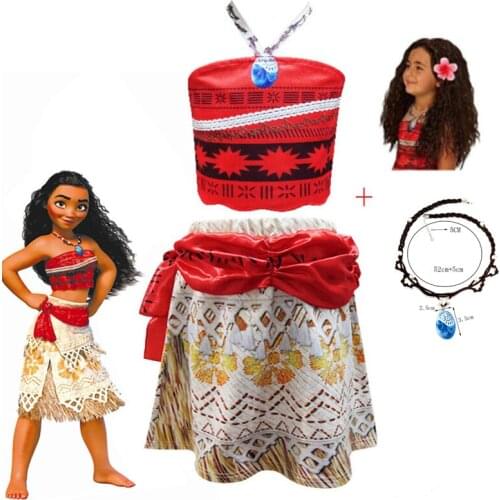 Baby Girls Moana Costume Kids Vaiana Cosplay Birthday Party Clothing Sets Tops and Skirt Necklack Wig Childrens Princess Dress