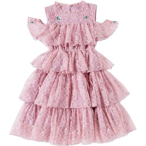 Lace Girls Dress 2021 Pink/Gray Teen Kids Elegant Off Shoulder Sleeve Floral Party Frocks Baby Kids Princess Wedding Dress