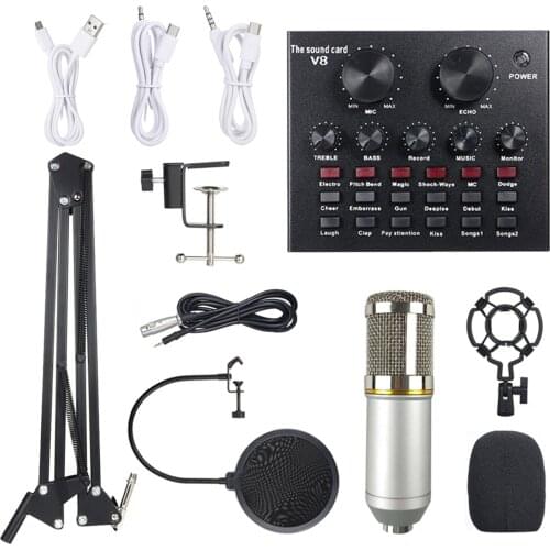 Multifunctional Live Sound Card & BM800 Suspension Microphone Kit Broadcasting Recording Condenser Mic Set Volume Adjustable