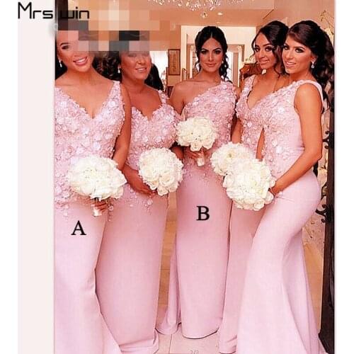 Mrs win Bridesmaid Dresses Plus Size Women Wedding Party Dress Mermaid Elegant V-neck Pink Long Vestido Madrinha 2020 HR075