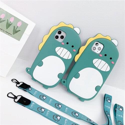 Cartoon 3D Dinosaur Lanyard Case For iPhone 7 8 Plus X XR XS Silicone Rubber TPU Soft Back Cover For iPhone 11 12 Mini 12Pro Max