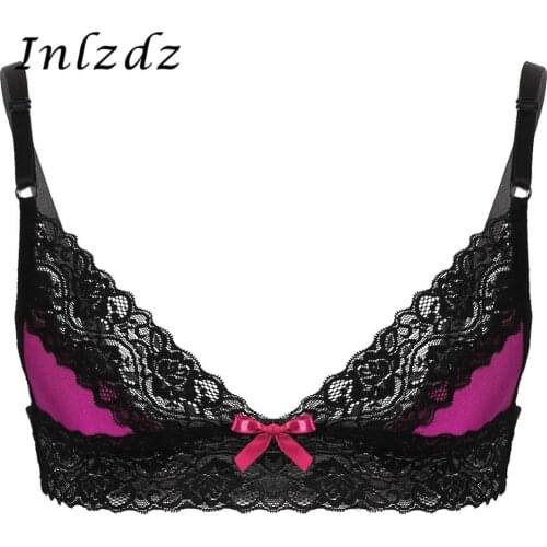 Mens Erotic Lingerie Sissy Bra Top Adjustable Spaghetti Shoulder Straps Hot Sexy Bra Floral Lace Trim Wire-free Unlined Bra Tops