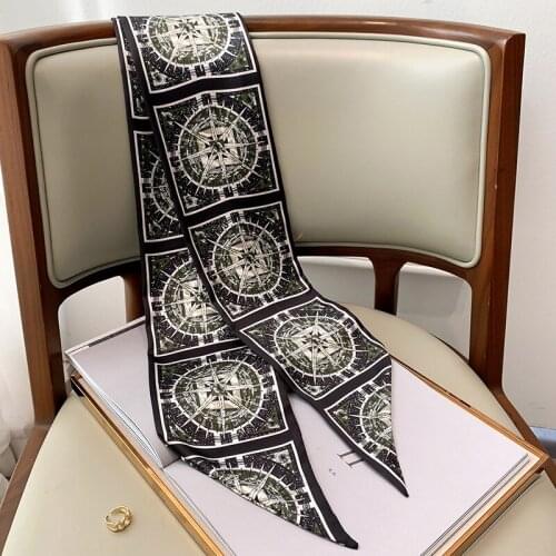 New Aesthetic Retro line printing long silk scarf female Literary hair decorative scarf headband tie wrist strap bag belt