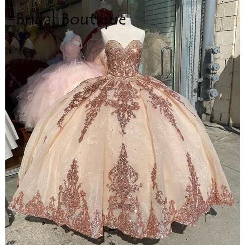 Rose Gold Sparkly Ball Gown Quinceanera Dresses Detachable Sleeves Sweetheart Sequines Applique Sweet 16 Dress Party Wear