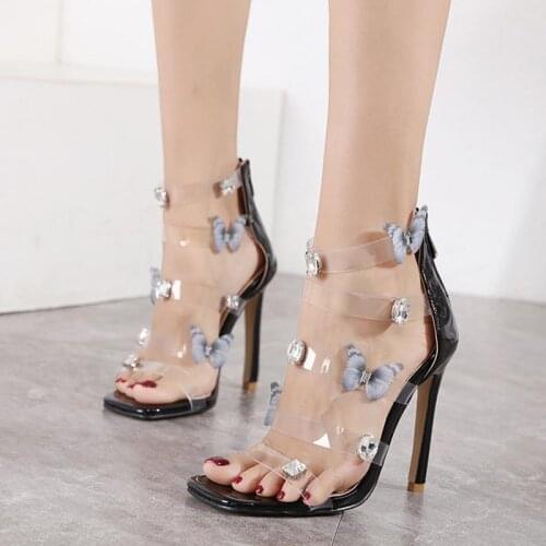 11cm Women Sandals New PVC Transparent Word with Stiletto Heel Butterfly Rhinestone Sandals for Womens Party Wedding Sandals