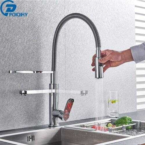 POIQIHY Dual Spout Kitchen Faucet Chrome Brass Kitchen Sink Tap Mixers Single Handle Rotate Spout Cold Hot Water Faucet One Hole