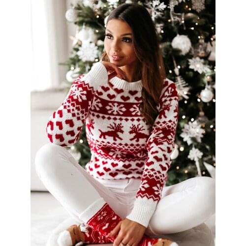 New Winter Christmas Women Sweaters Pullover Tops Casual Long Sleeve Print Knitted Sweater Women Clothes