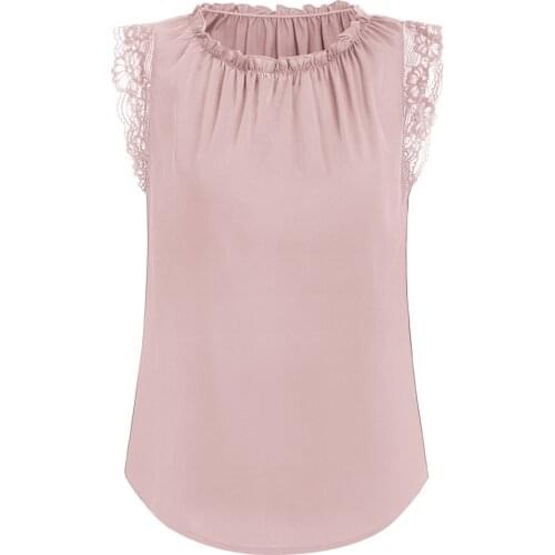 Grace Kasin Womens Ruffed O Neck Tops Sleeveless Lace Shoulders Curved Tank Tops Summer Clothing Sexy Casual Fashion Ladies New