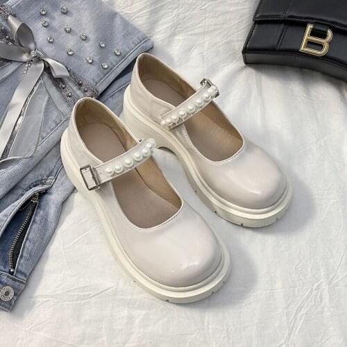 Womens Small Leather Shoes Patent Leather Wedge Lolita Shoes Womens Pearl Buckle Thick Bottom Mary Jane Womens Shoes