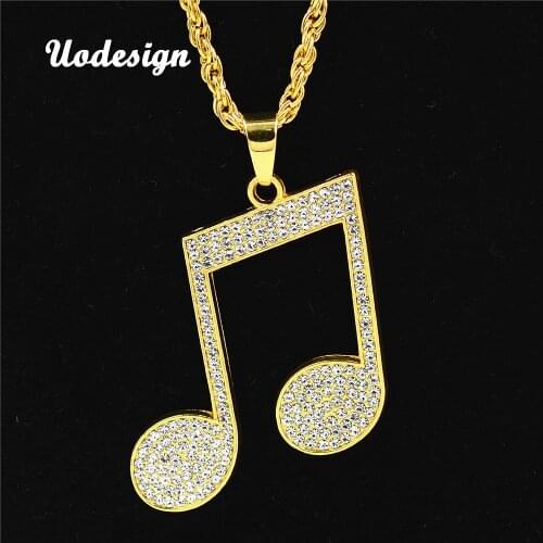 Uodesign Rhinestone Rhythm Pendants Necklace Men Hiphop Music Note Long Chain Gold Color Alloy Sweater Necklace