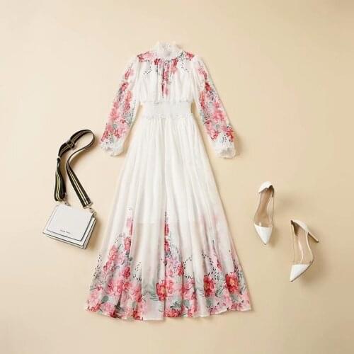 Womens American European and wear 2021 autumn new style Long-sleeved stand-up collar flower print Elastic waist dress