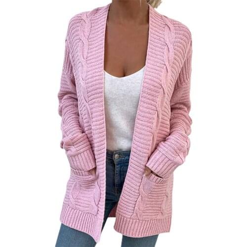 Open Front Long Sleeve Women Cardigan Sweaters Wool Blend 2021 Autumn Winter Two Pockets Twist Sweater Coat Female Knitwear