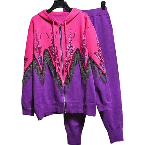 2020 Spring Autumn Women Hooded Fashion Sequins Contrast Tassel Knitted Sweater + Casual Pants Two Piece Set Women Clothing H638