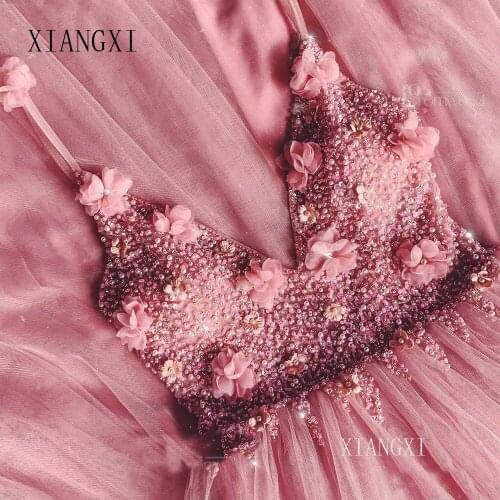 Rose Pink Prom Dresses 2020 A-Line Beaded Flowers Tulle Long Prom Gown V-neck Spaghetti Straps Evening Dress Robe De Soiree