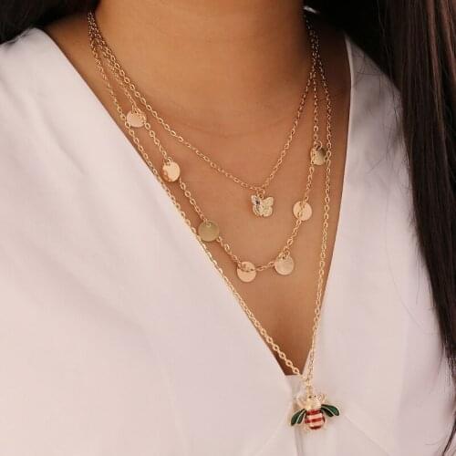 3 Pcs/Set Women Fashion Necklaces Gold Butterfly Bee Wafer Pendant Multilayer Gold Necklace Beach Jewelry Gift