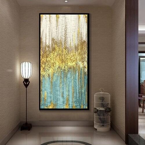 Abstract Blue Golden Dots Canvas Painting Abstract Wall Picture for Living Room Large Wall Art Decor Grey Green Poster and Print