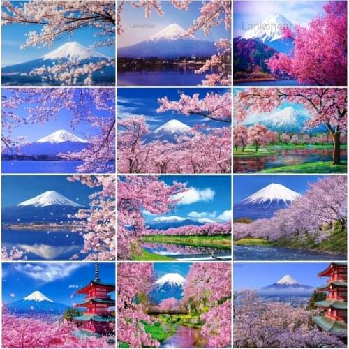 Lankshear 5D Diy Diamond Painting Beautiful Landscape Embroidery Full Drill Cherry Blossoms Mount Fuji Cross Stitch Home Decor