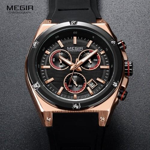 Megir Sports Silicone Chronograph Quartz Watches Army Casual Waterproof 24-hour Analogue Wristwatch for Man Black Rose 2073-1N0