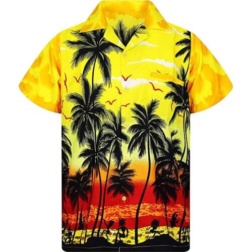 Short Sleeve Coconut Tree Printed Shirt Men Hawaiian Style Casual Loose Print Shirt for Men Loose Summer Beach Shirt Tops
