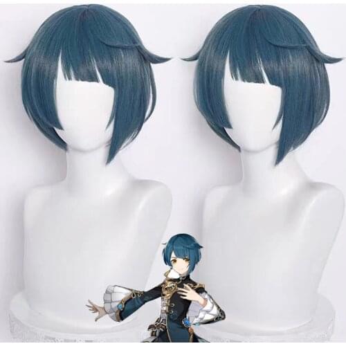 Genshin Impact Xingqiu Cosplay 30cm Wig Short Grey Blue Wig Cosplay Anime Cosplay Wigs Heat Resistant Synthetic Wigs Halloween