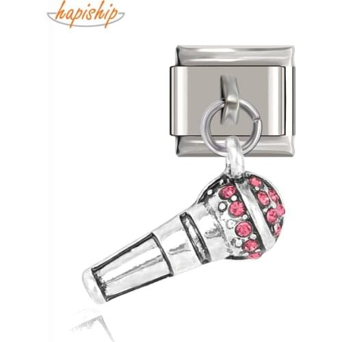 Hapiship 9mm Width Original Daisy Microphone Pink Rhinestone Italian Charm Fit 9mm Bracelet Stainless Steel Jewelry Making DJ20