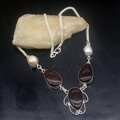 Hermosa Jewelry Adorable Tigers Eye Biwa Pearl Silver Color Women Ladies Gifts Pendant Necklace Chain 44cm 20213404