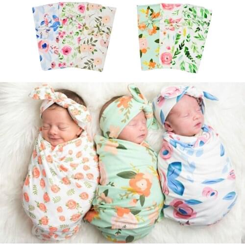 Newborn Baby Sleeping Bag Headband Set Infant Autumn Anti-kick Sleeping Bag Baby Floral Print Swaddle Cotton Blanket Wrap