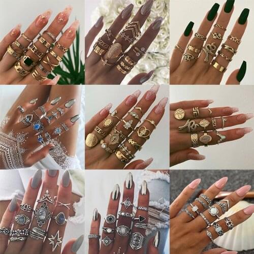 KSRA Boho Vintage Gold Joint Knuckle Rings Women Bohemia Snake Crystal Geometric Female Finger Rings Set Jewelry